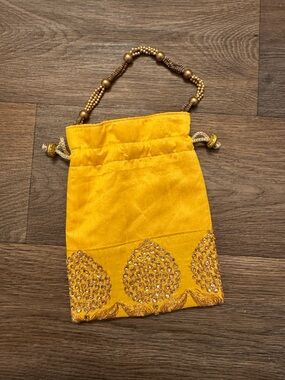 Indian Potli Bag Embroidered Drawstring Beaded Gold Details mustard